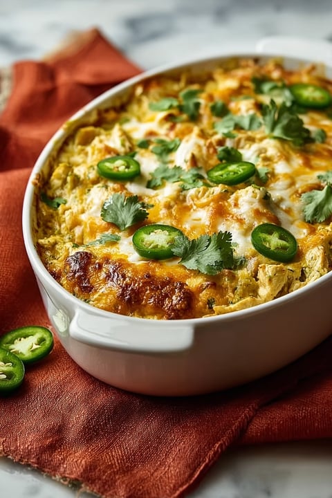 A white bowl filled with a salsa verde chicken casserole.