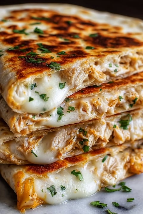 A stack of cheesy garlic chicken wraps.