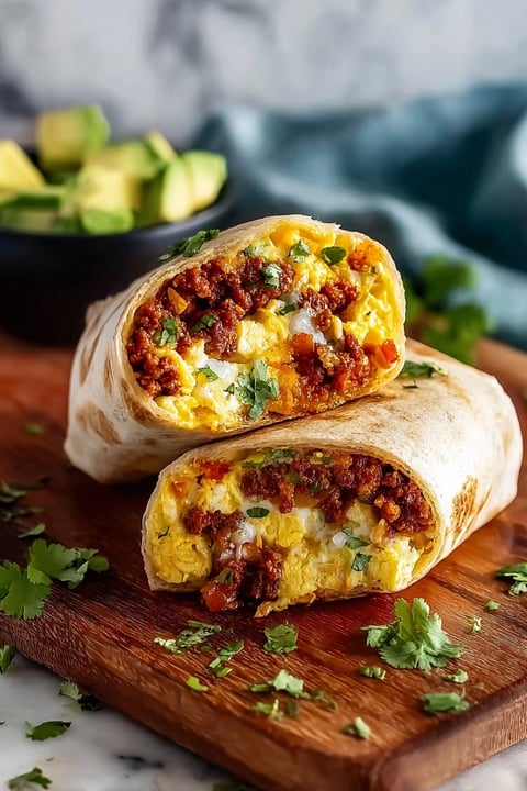 A chorizo breakfast burrito is served on a wooden table.