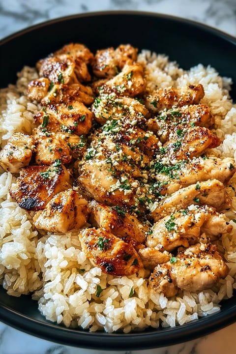 A plate of rice with chicken and garlic parmesan.