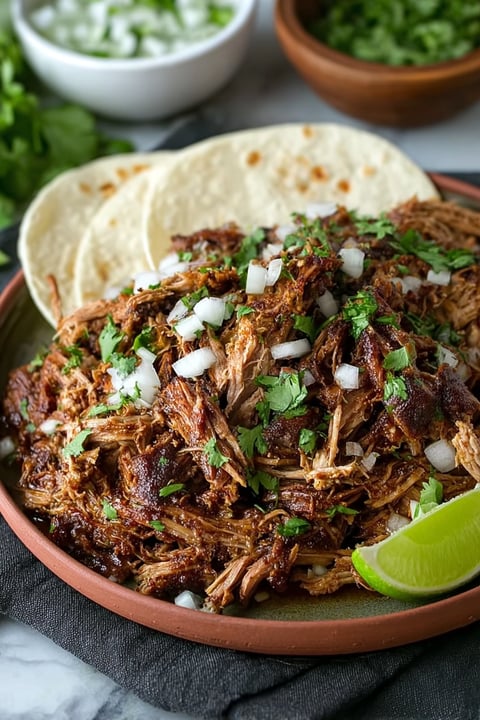A plate of food with a crockpot carnitas dish.