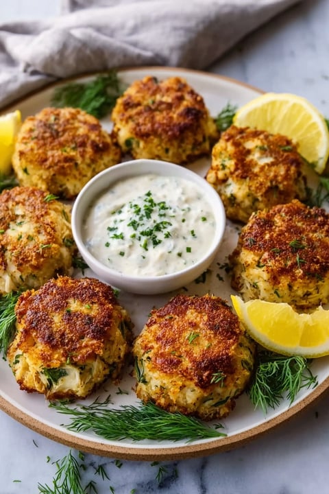 A plate of crab cake bites with a lemon dill sauce.
