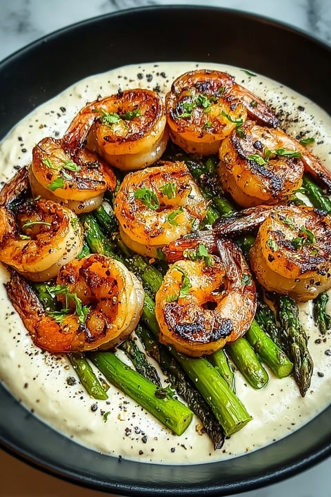 A plate of shrimp and asparagus.