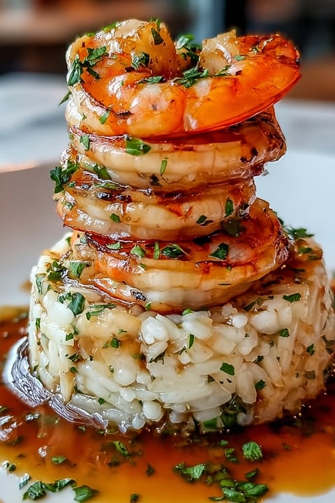 A stack of shrimp on rice with garlic butter.