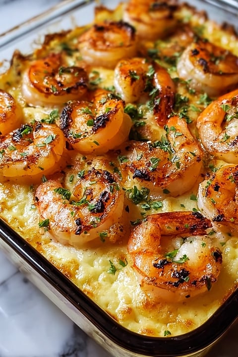 A dish of garlic shrimp gratin.