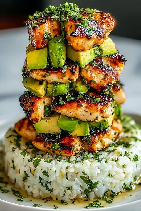 A stack of chicken and avocado.