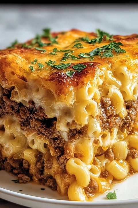A close up of a mac and cheese meatloaf casserole.