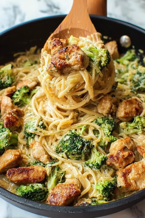 A plate of creamy chicken broccoli alfredo.