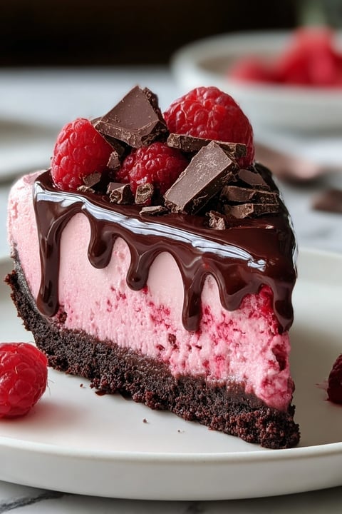 A slice of dark chocolate raspberry cheesecake.