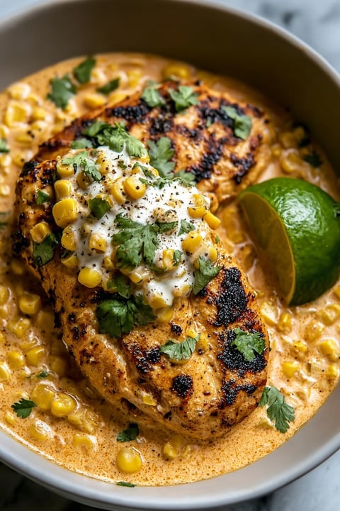 A close up of a piece of chicken with corn on the cob and lime.