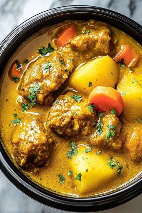 A bowl of food with meat and vegetables.