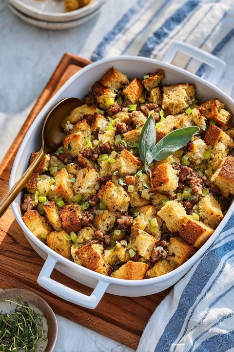 A white bowl filled with sausage and herb stuffing.