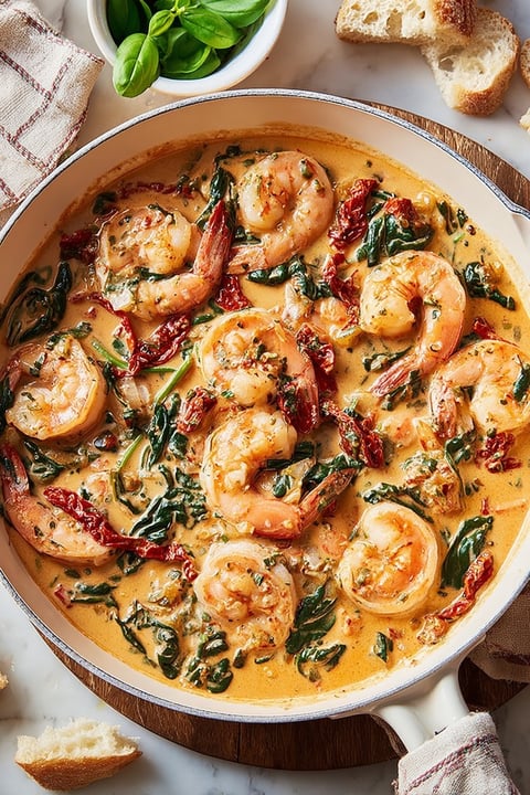 A bowl of shrimp and greens.
