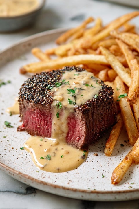 A piece of steak au poivre with a side of fries.
