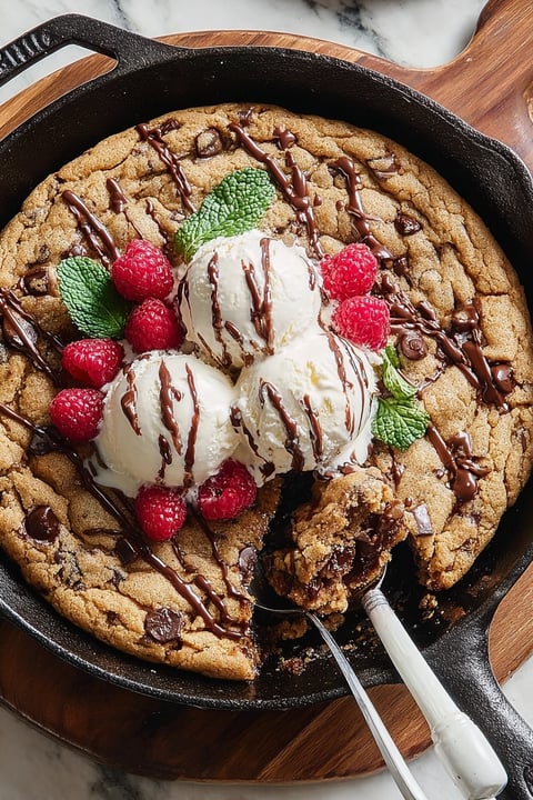 A skillet cookie with chocolate chips and raspberries.