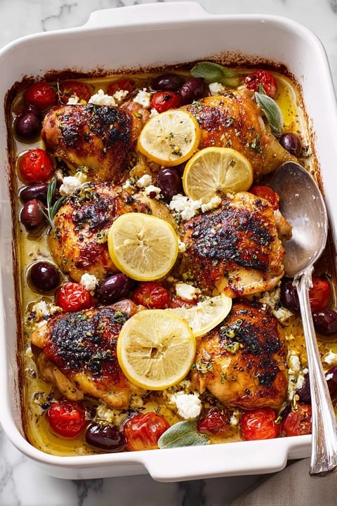 A dish of Greek Lemon Chicken with a spoon.