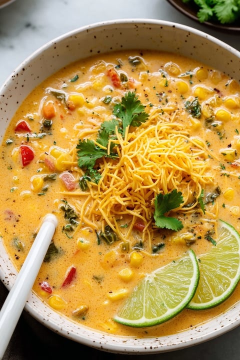 A bowl of roasted poblano corn chowder.