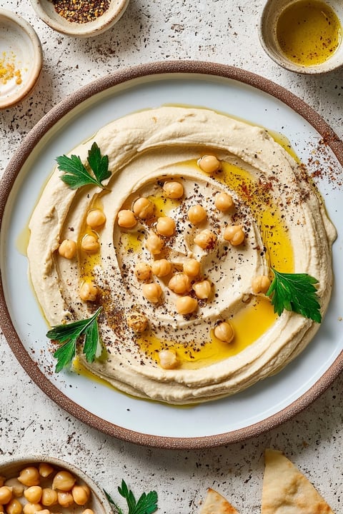 A plate of homemade hummus with chickpeas and olive oil.