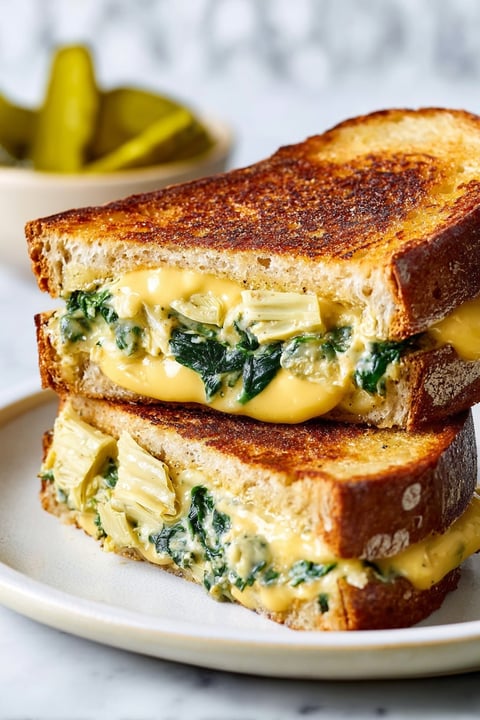 A sandwich with spinach and artichoke.