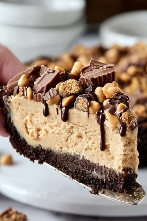 A slice of peanut butter pie with chocolate drizzled on top.