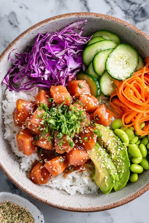 A bowl of food with a variety of ingredients including salmon, rice, avocado, cucumber, and carrots.