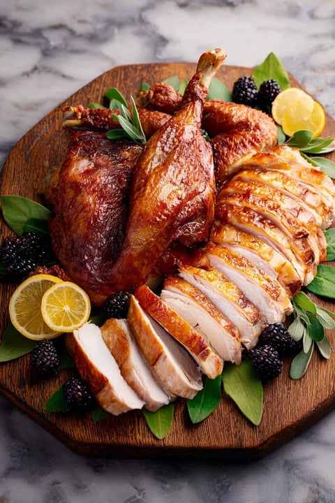 A platter of roast turkey with lemon wedges.