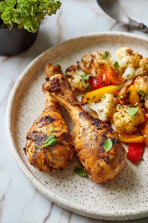 A plate of cooked chicken legs and vegetables.