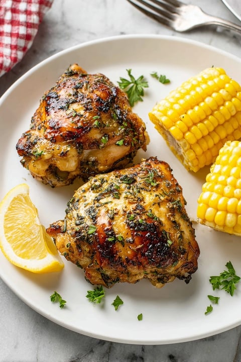 A plate of chicken thighs with herbs and lemon.