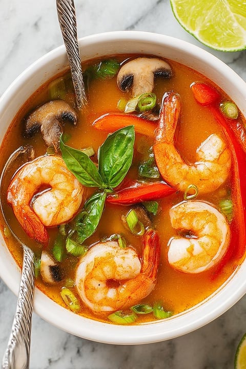 A bowl of soup with shrimp and mushrooms.