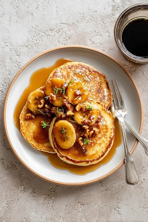 A plate of banana pancakes with syrup.