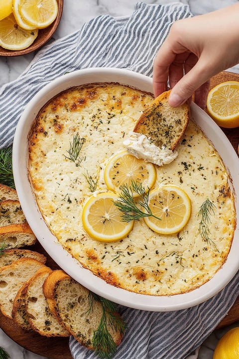 A person is serving a hot crab dip with lemon wedges.