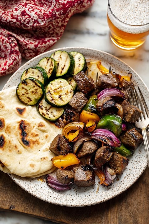 A plate of grilled steak tips with vegetables.