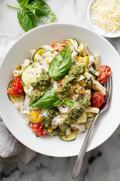 A bowl of pasta with tomatoes, zucchini, and basil.
