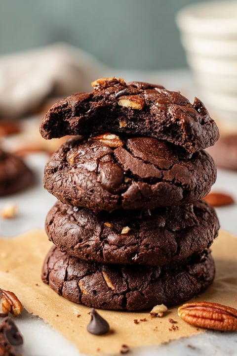 A stack of double chocolate chip cookies.