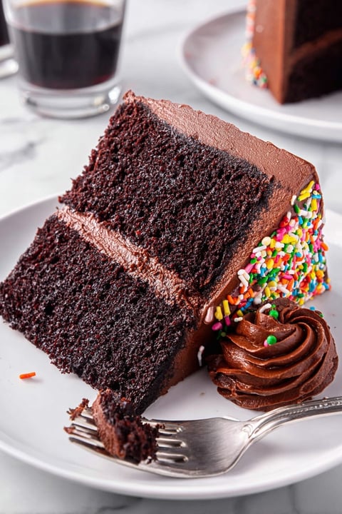 A slice of chocolate cake with sprinkles.
