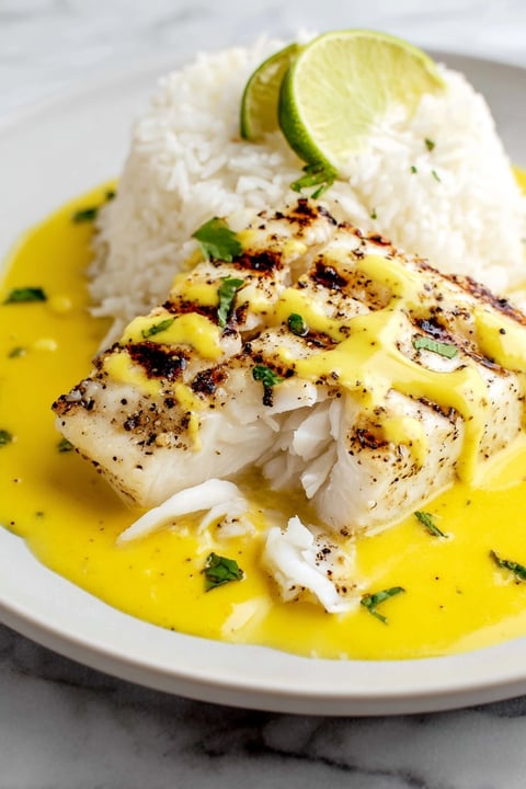 A plate of Mahi Mahi with mango sauce.