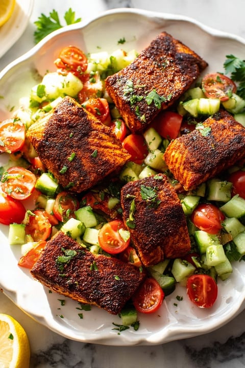 A plate of blackened salmon with tomatoes and cucumbers.