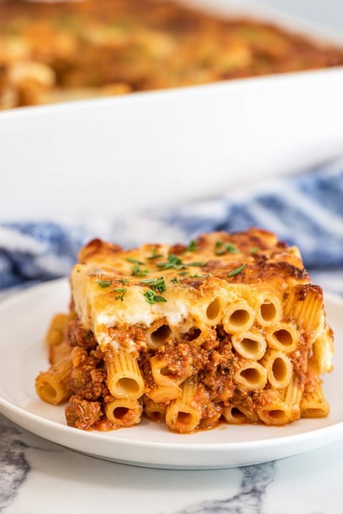A white plate with a Greek pastitsio on it.