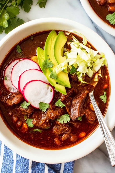 A bowl of Mexican Pozole with meat, avocado, and radishes.