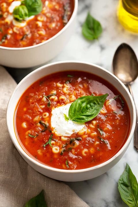 A bowl of soup with pasta and spinach.