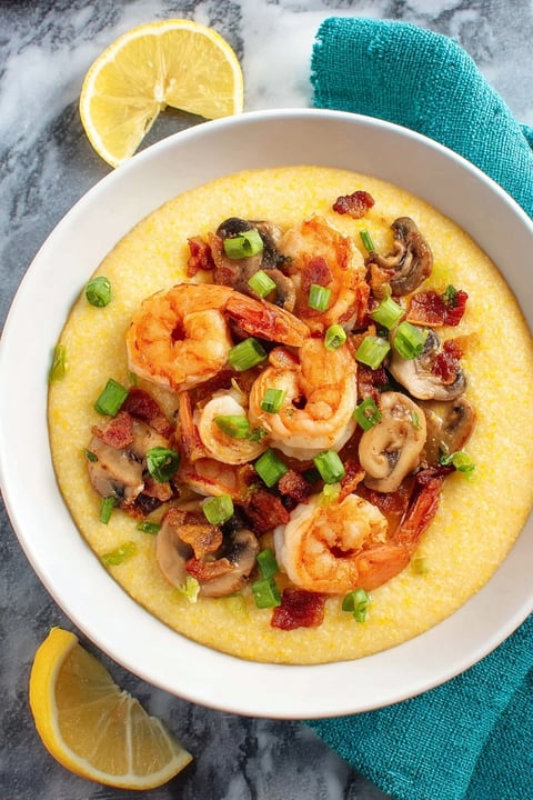 A bowl of Cajun Shrimp and Grits.