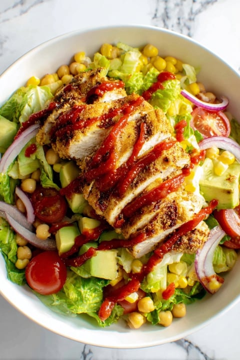A bowl of Mexican chopped salad with BBQ chicken.
