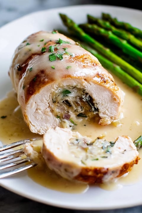A piece of chicken saltimbocca with sauce.