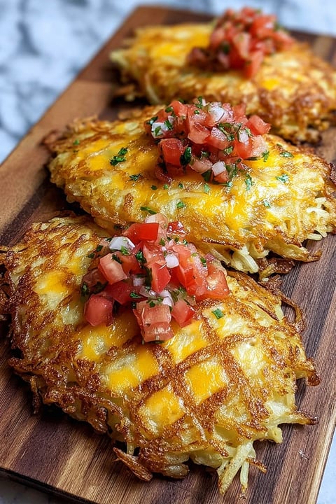 A waffle house hash brown omelet with tomatoes and cheese.