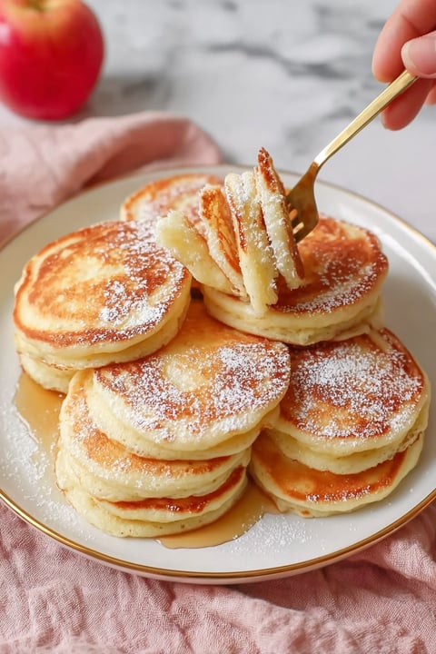 A stack of pancakes with a fork in them.