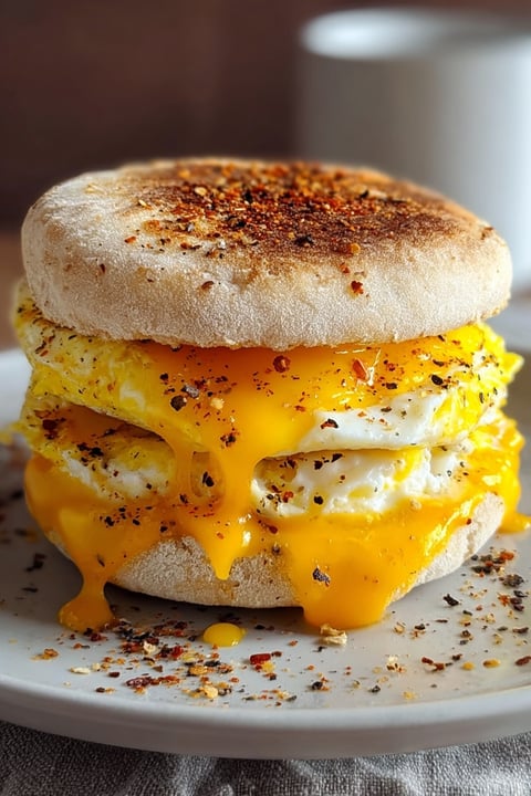 A viral egg sandwich muffin with a fried egg and cheese.