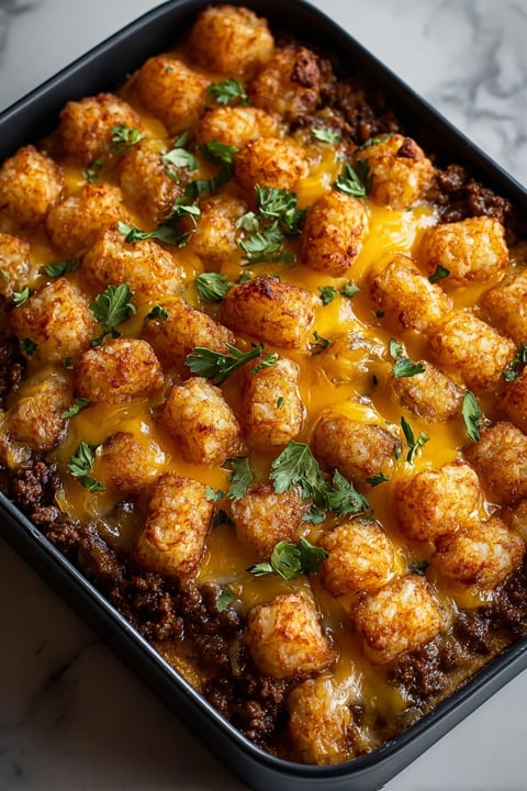 A close up of a tater tot sausage breakfast casserole.
