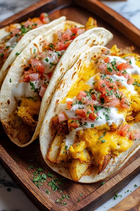 Two breakfast tacos with potatoes, eggs, and cheese.