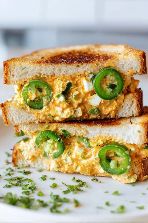 A sandwich with egg salad and jalapenos.
