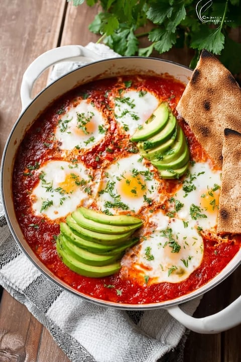 A bowl of shakshuka with eggs and vegetables.